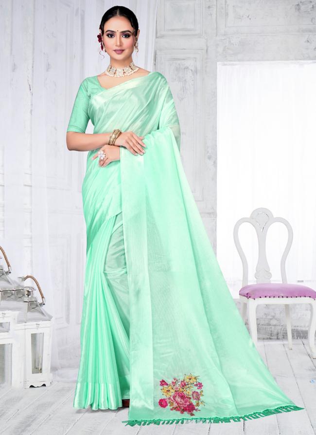 Chinon Sea Green Festival Wear Embroidery Work Saree